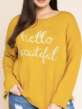 Ladies Graphic Fun Sweater "hello beautiful" Gold Color Oversized Med